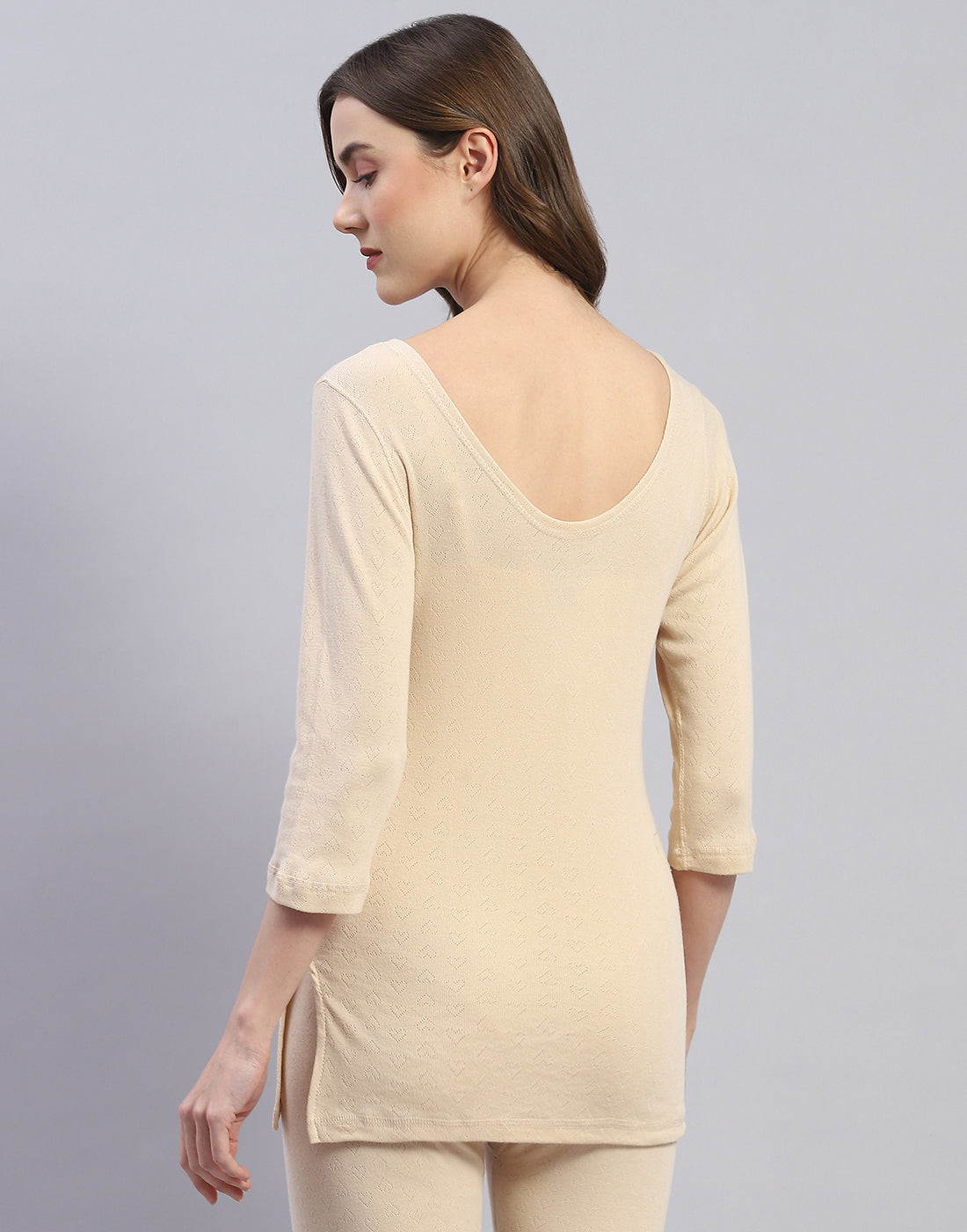 Women Beige Solid Round Neck 3/4 Sleeve Thermal Vest