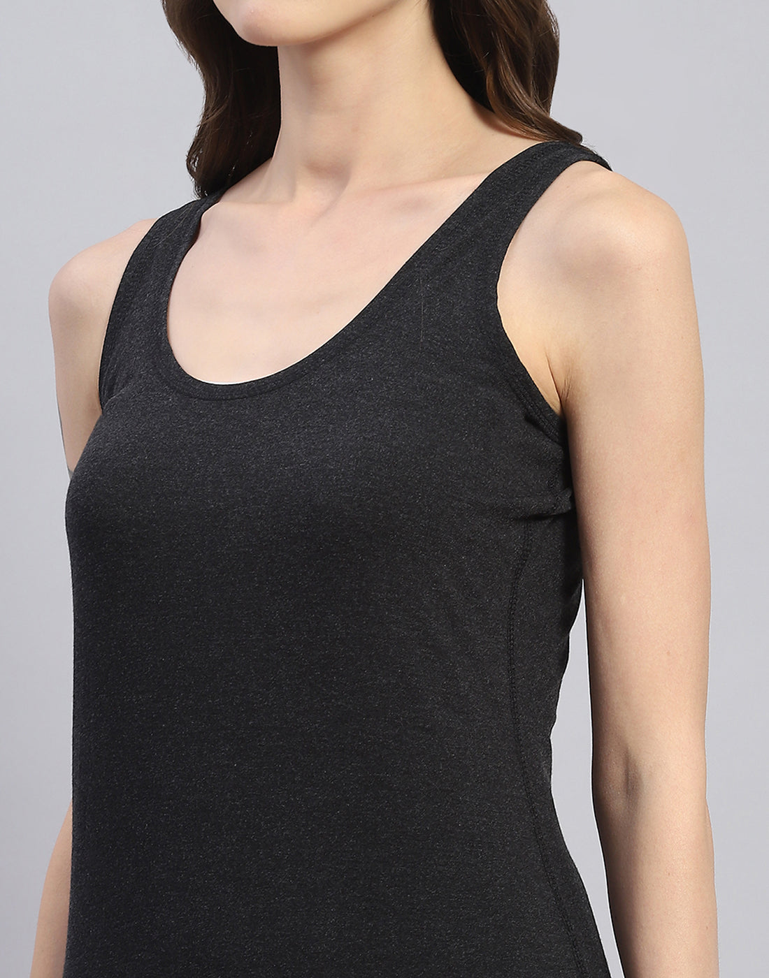 Women Grey Solid Round Neck Sleeveless Thermal Vest