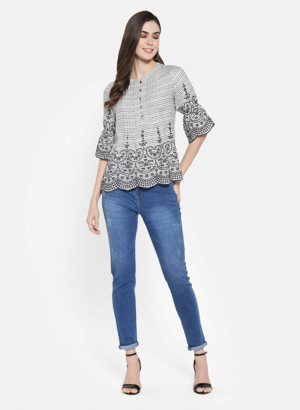 Womens Off White & Black Embroidered Top