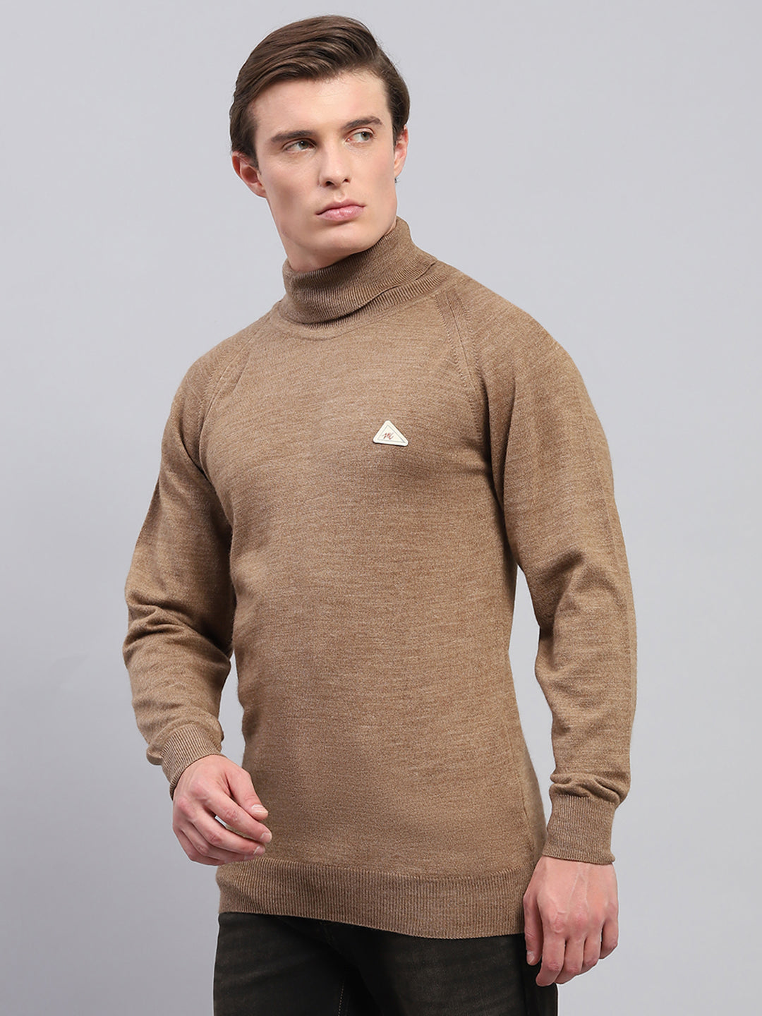 Men Brown Solid Turtle Neck Full Sleeve Pullover