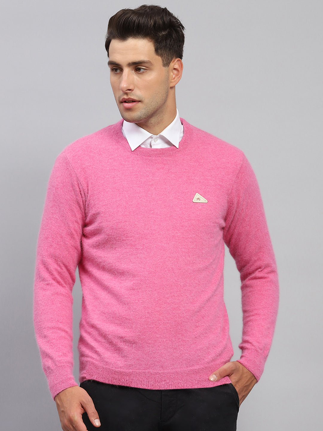 Men Pink Solid Round Neck Full Sleeve Pullover