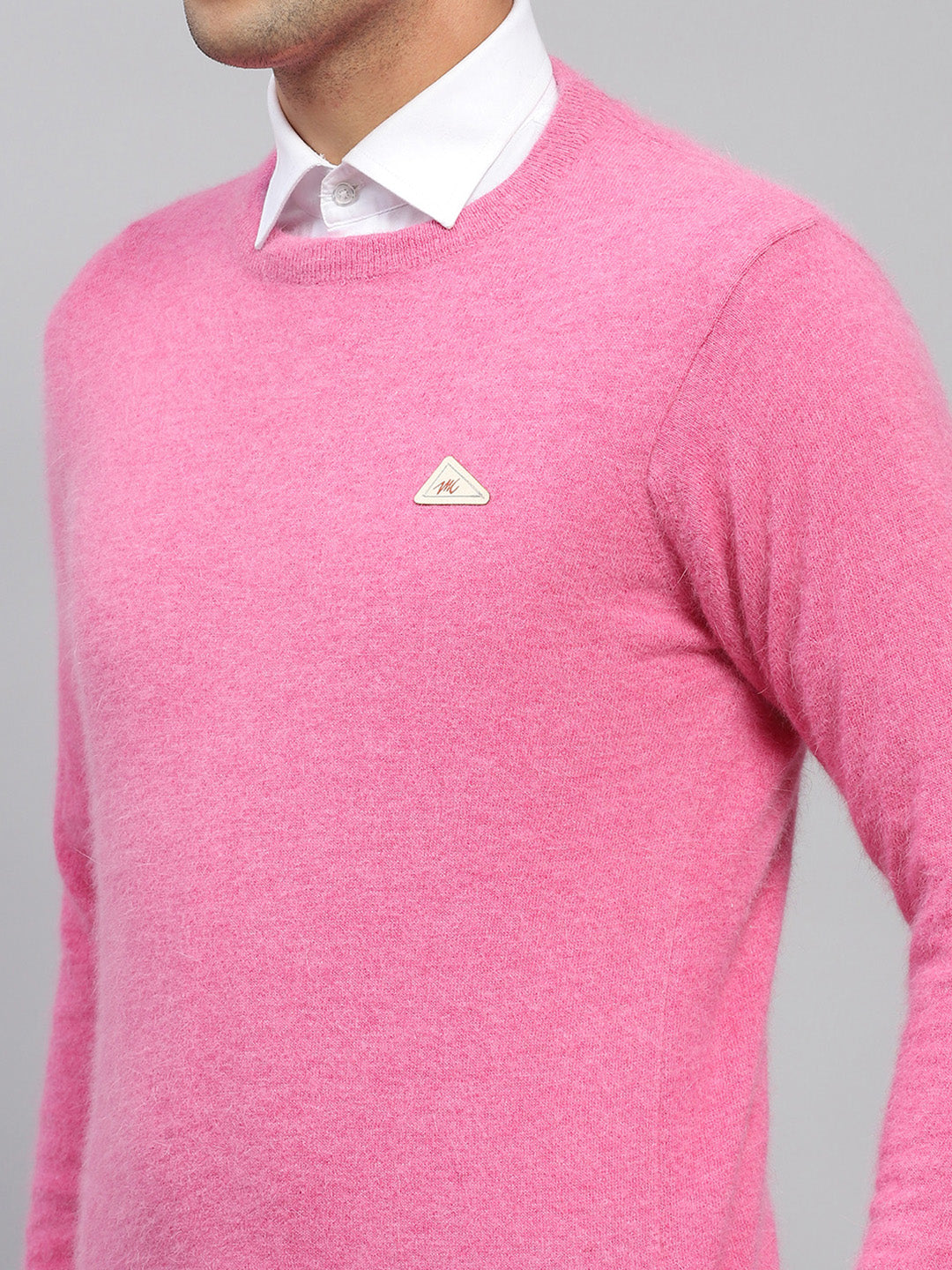 Men Pink Solid Round Neck Full Sleeve Pullover