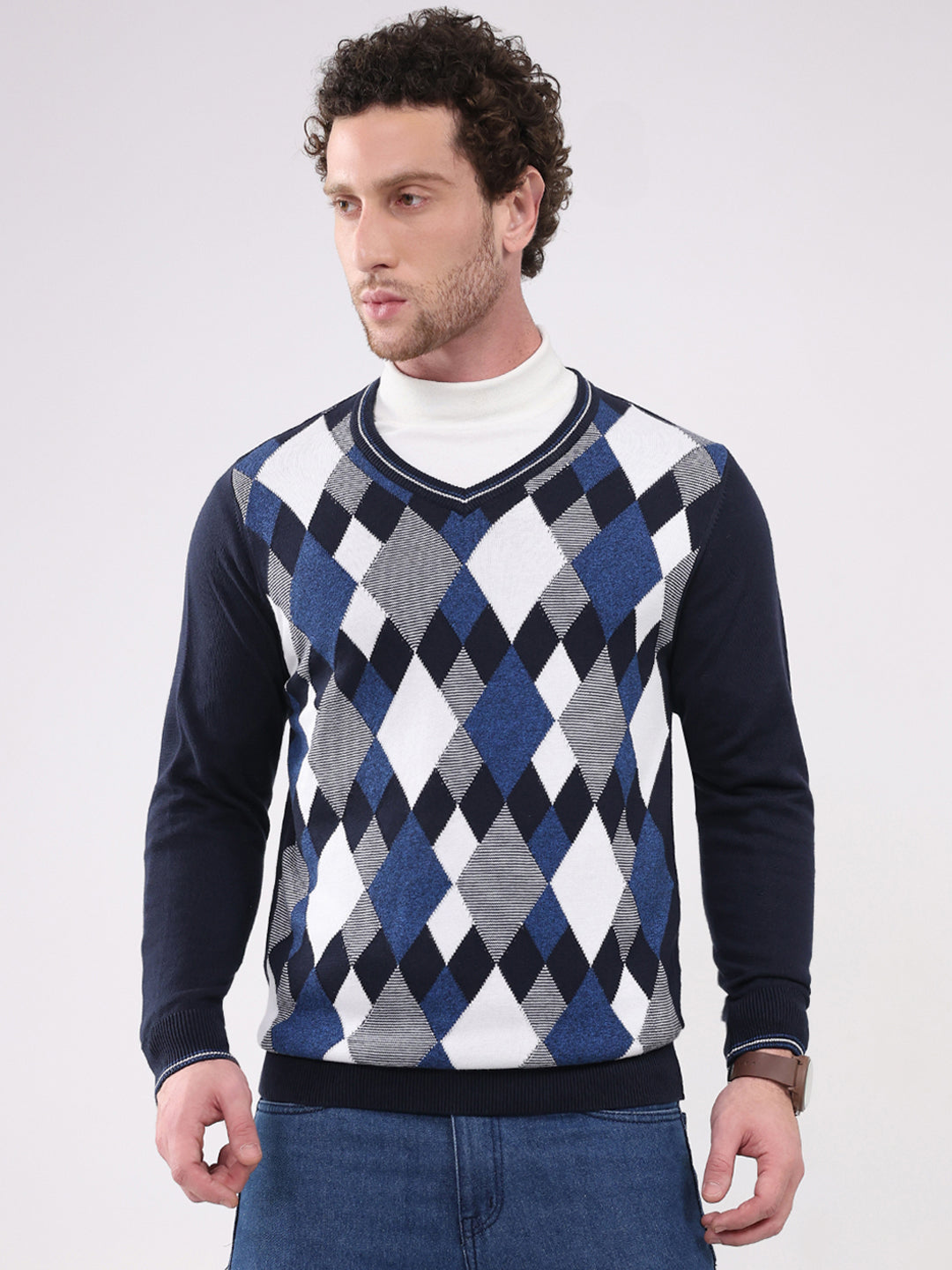 Men Navy Blue Solid V Neck Full Sleeve Pullover