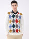 Men Off White Self Design V Neck Full Sleeve Pullover