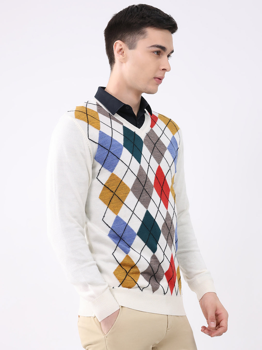 Men Off White Self Design V Neck Full Sleeve Pullover