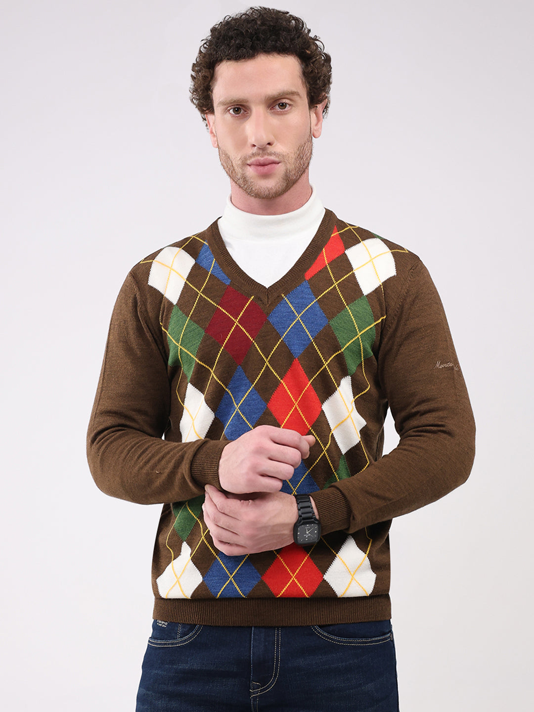 Men Brown Self Design V Neck Full Sleeve Pullover