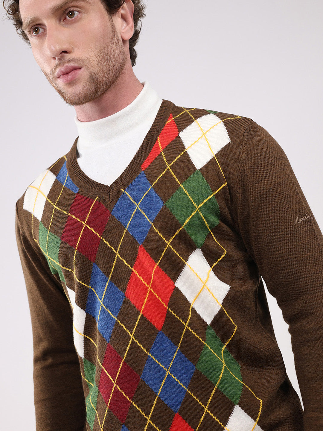 Men Brown Self Design V Neck Full Sleeve Pullover