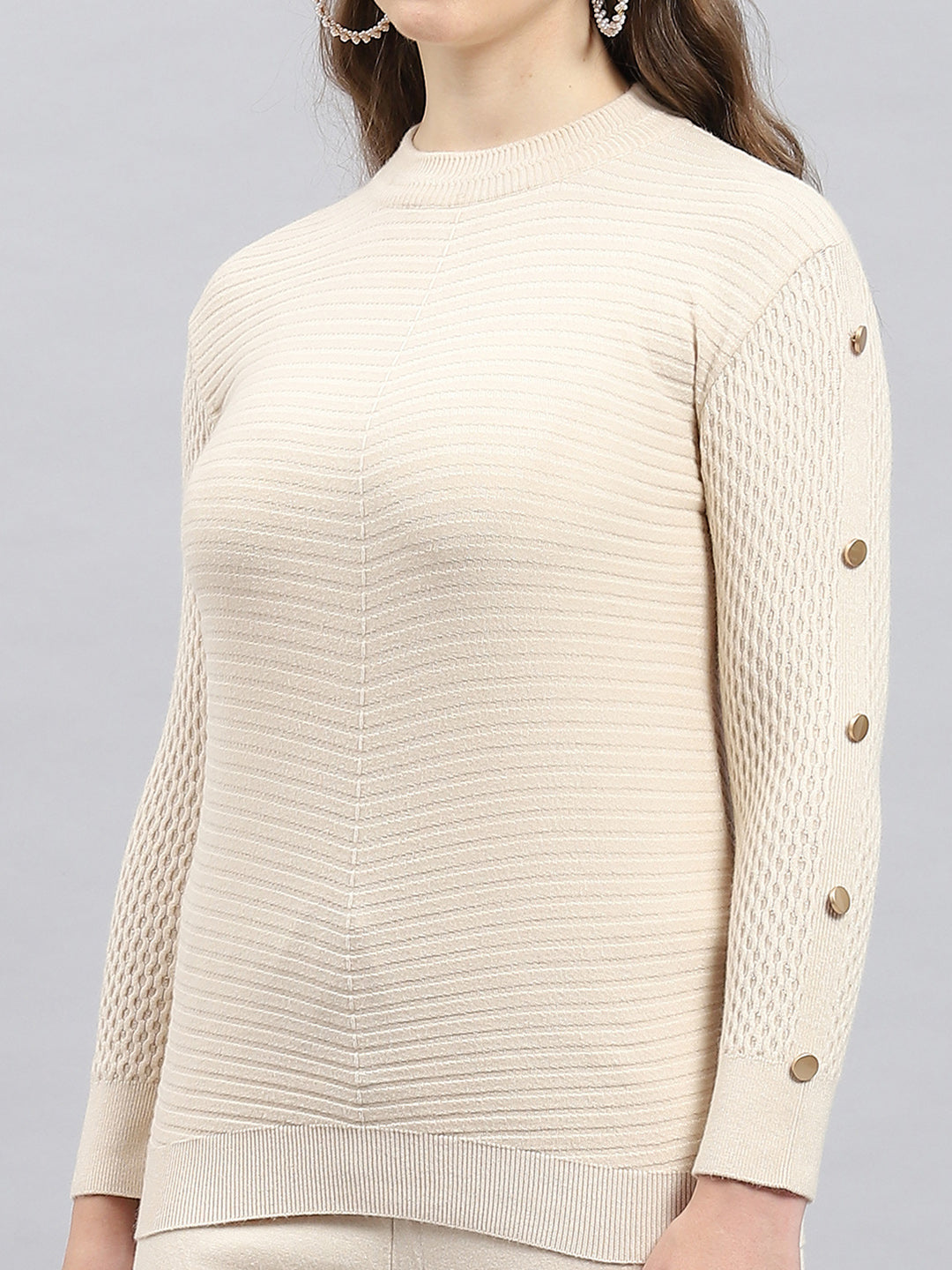 Women Beige Solid Round Neck Full Sleeve Cords Set
