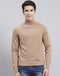 Men Camel Brown Solid High Neck Full Sleeve Pullover
