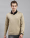 Men Camel Brown Solid V Neck Full Sleeve Pullover