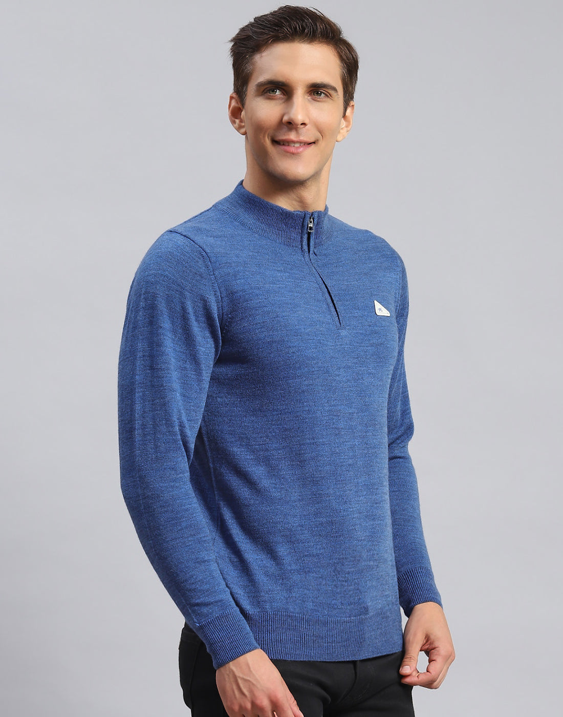 Men Blue Solid High Neck Full Sleeve Pullover