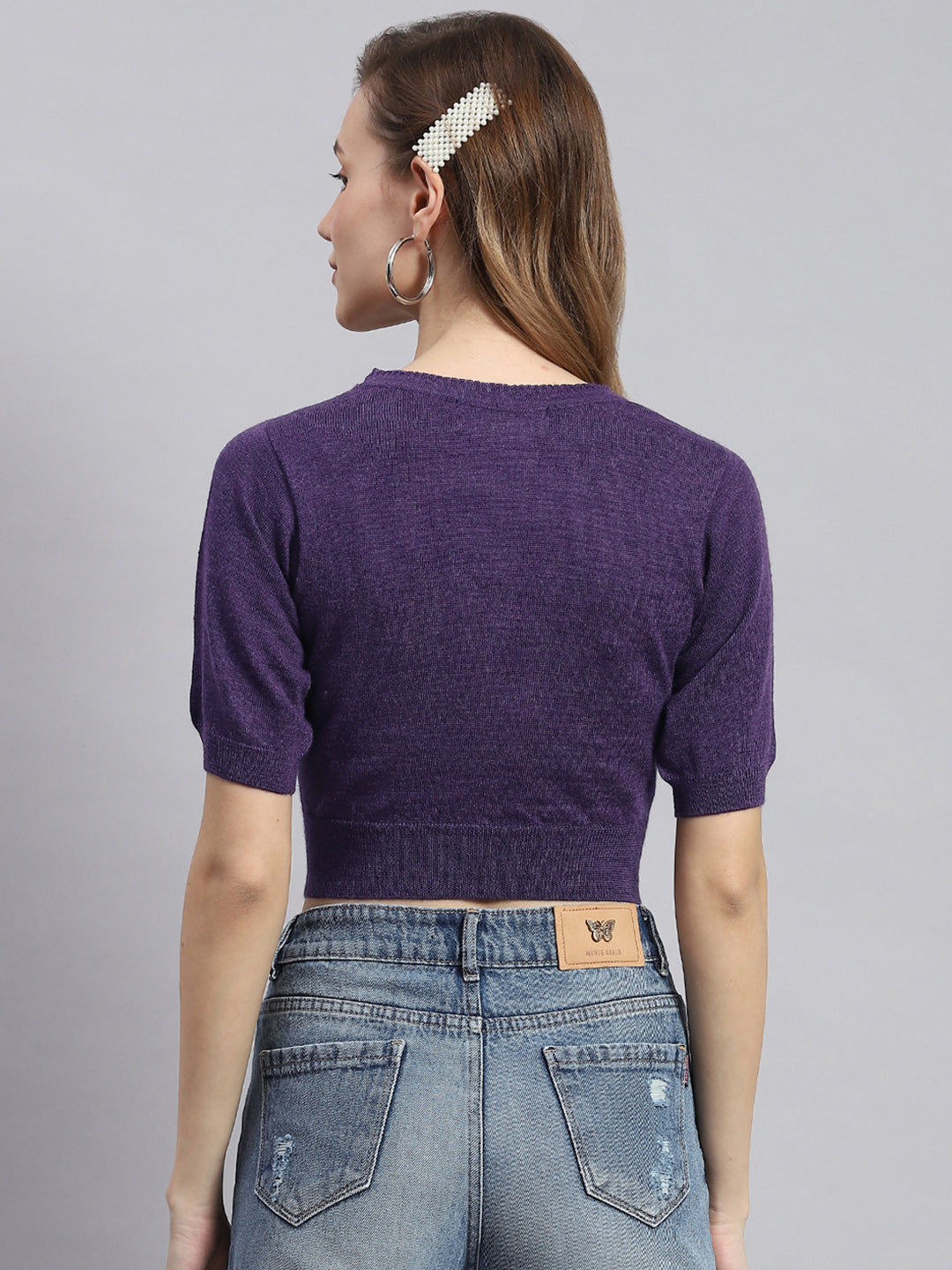 Women Purple Solid V Neck Half Sleeve Blouse
