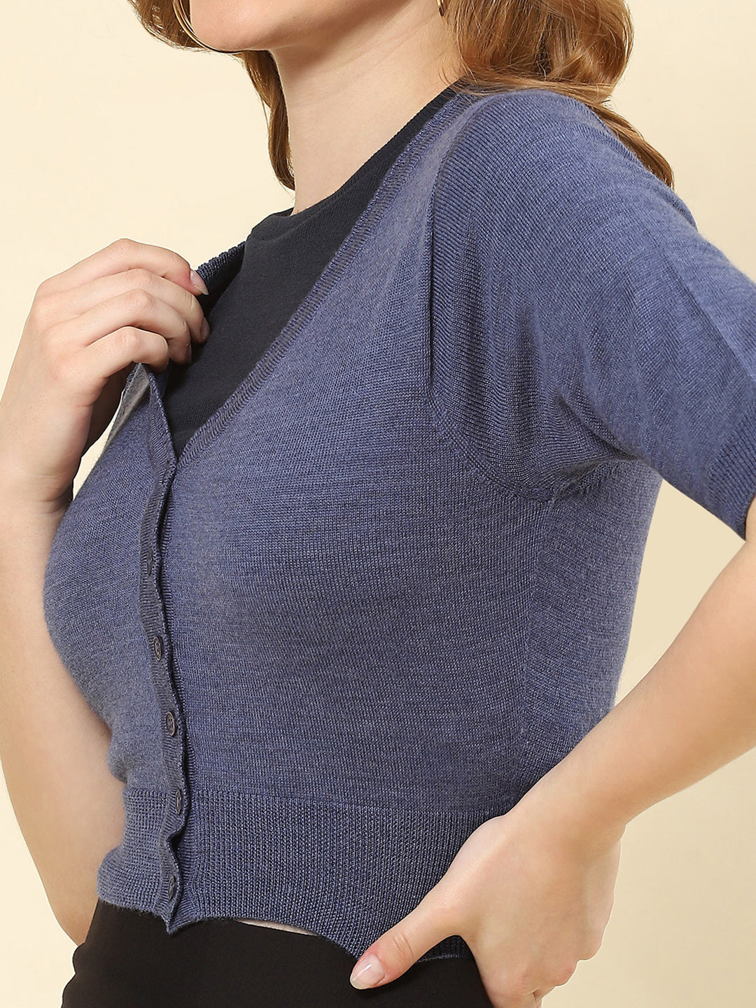Women Blue Solid V Neck Half Sleeve Blouse