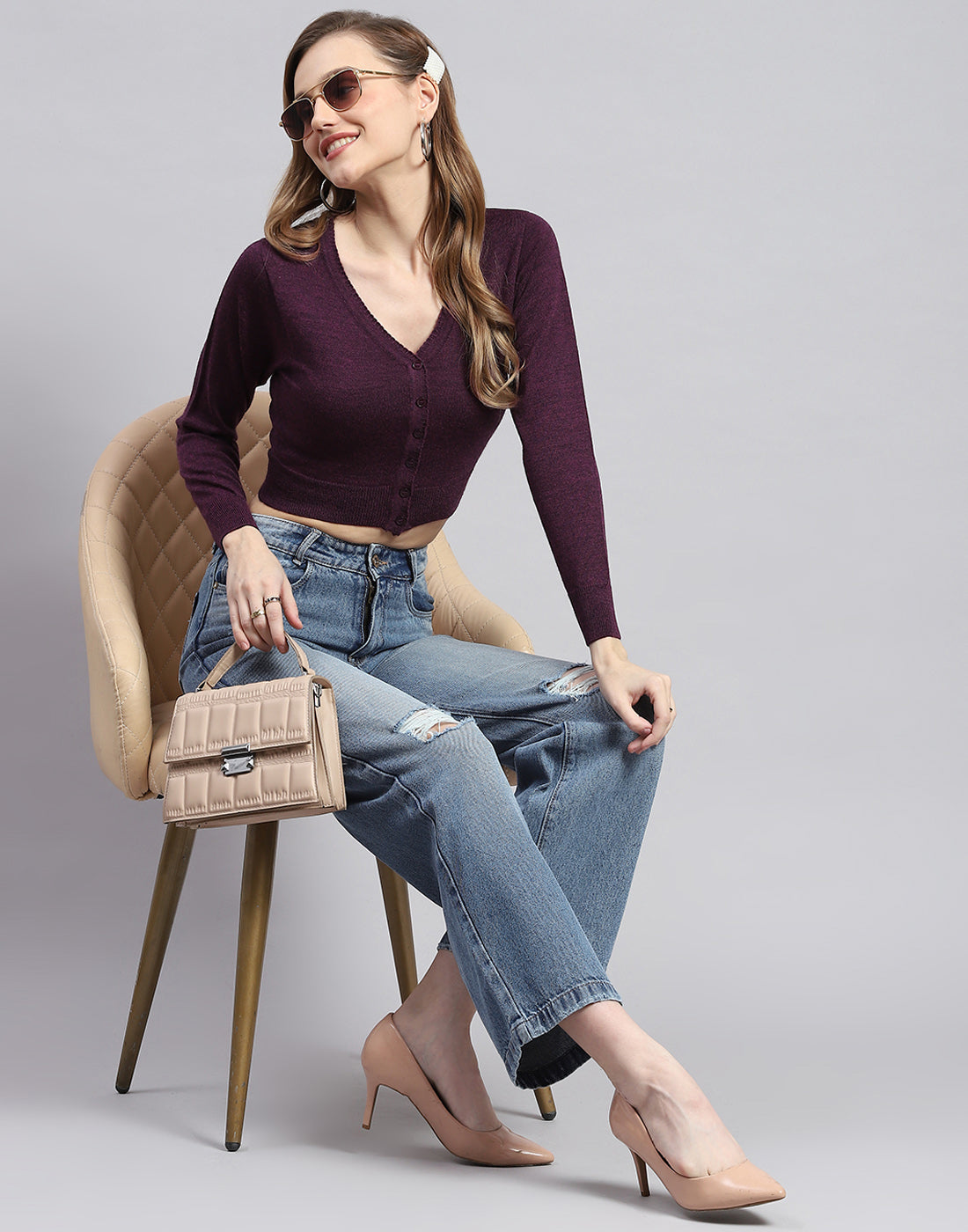 Women Maroon Solid V Neck Full Sleeve Blouse