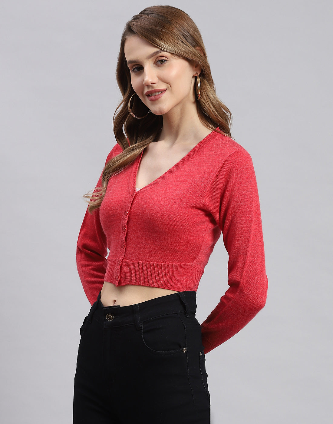 Women Pink Solid V Neck Full Sleeve Blouse