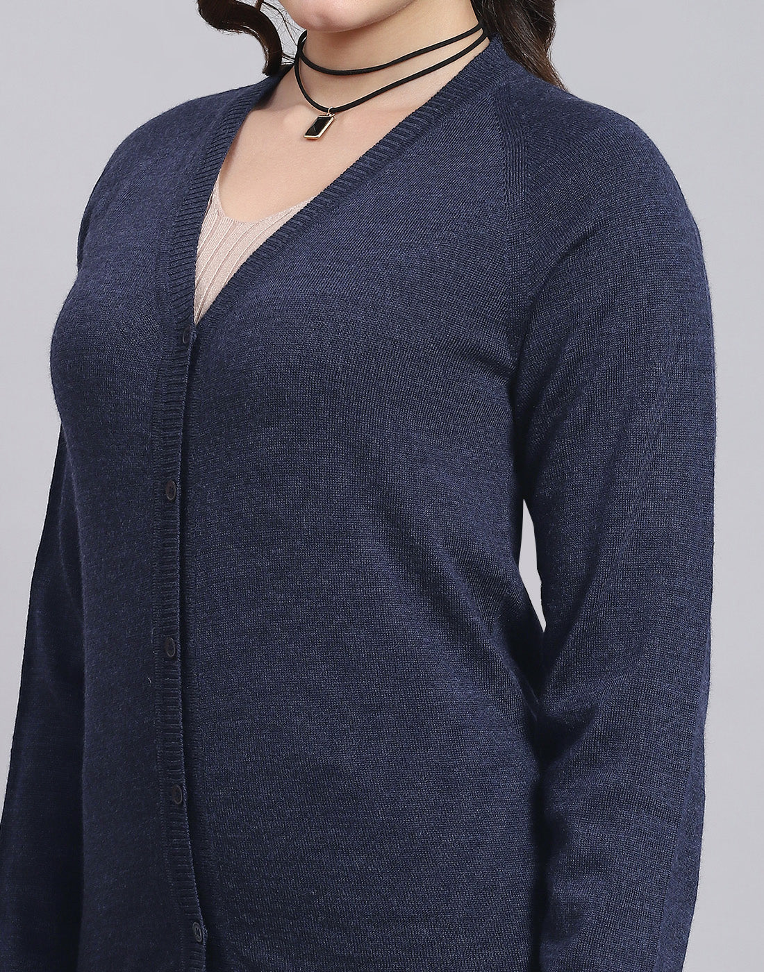 Women Navy Blue Solid V Neck Full Sleeve Cardigan