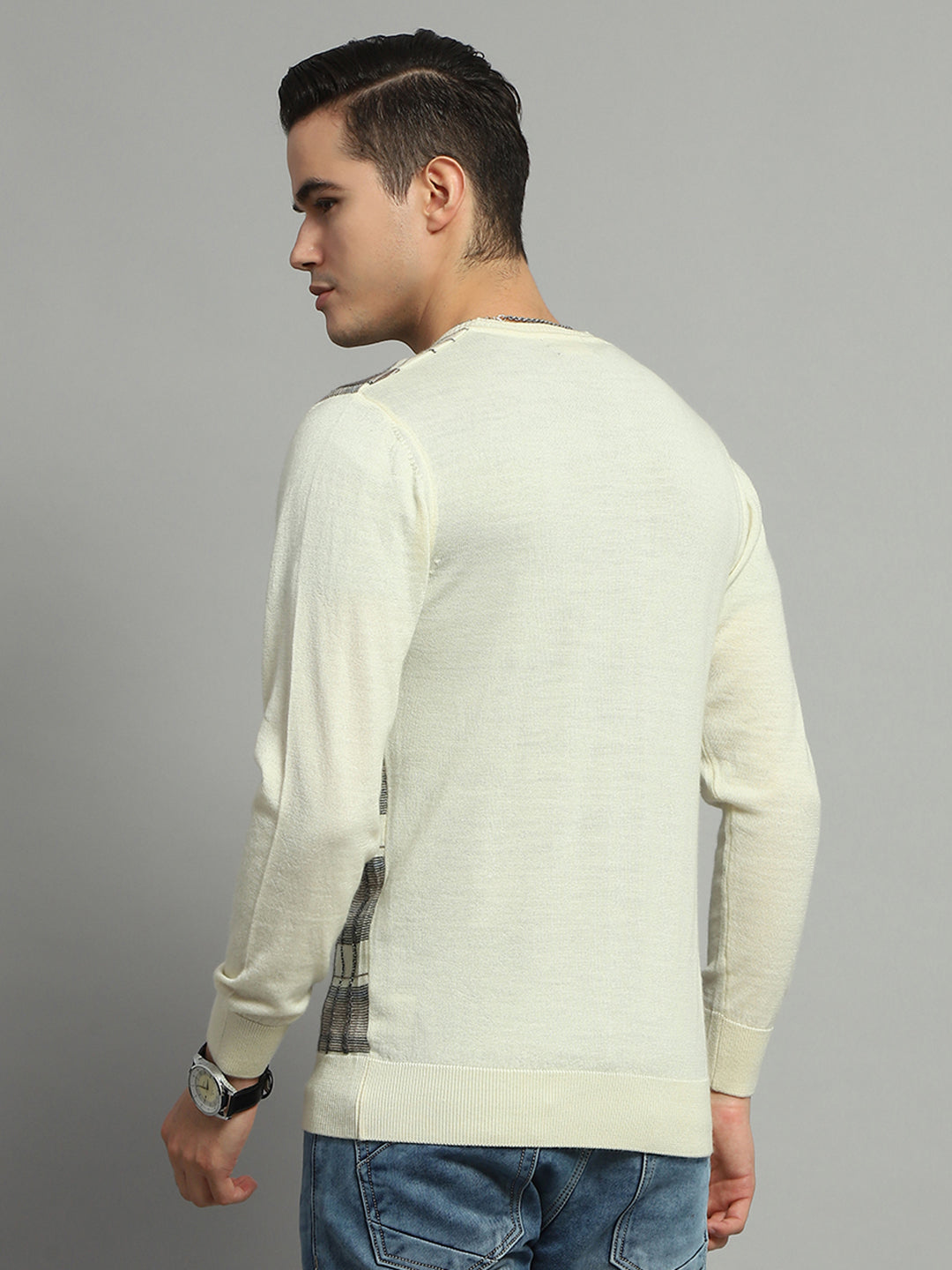 Luxuria Men Off White Check V Neck Full Sleeve Pullover