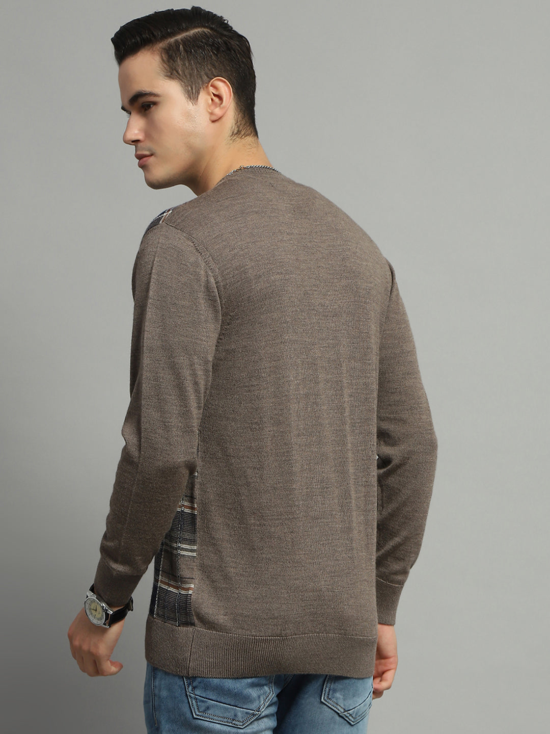 Luxuria Men Grey Check V Neck Full Sleeve Pullover