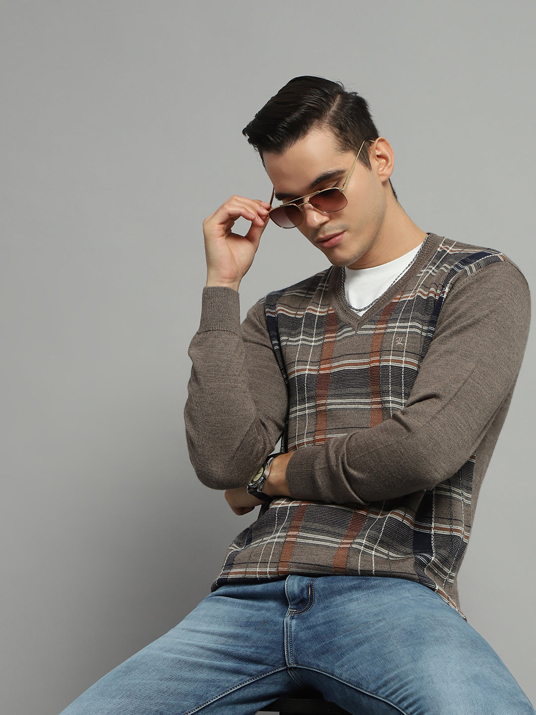 Luxuria Men Grey Check V Neck Full Sleeve Pullover