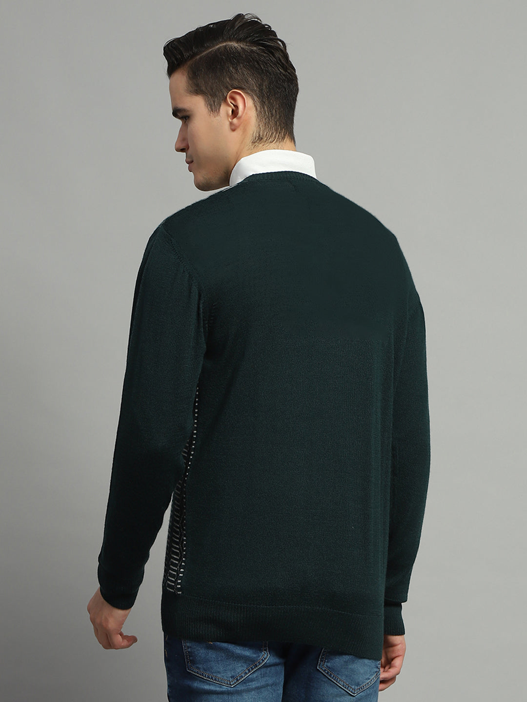 Luxuria Men Green Self Design V Neck Full Sleeve Pullover