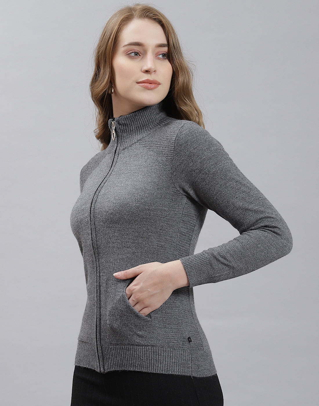 Women Grey Melange Solid Stand Collar Full Sleeve Cardigan