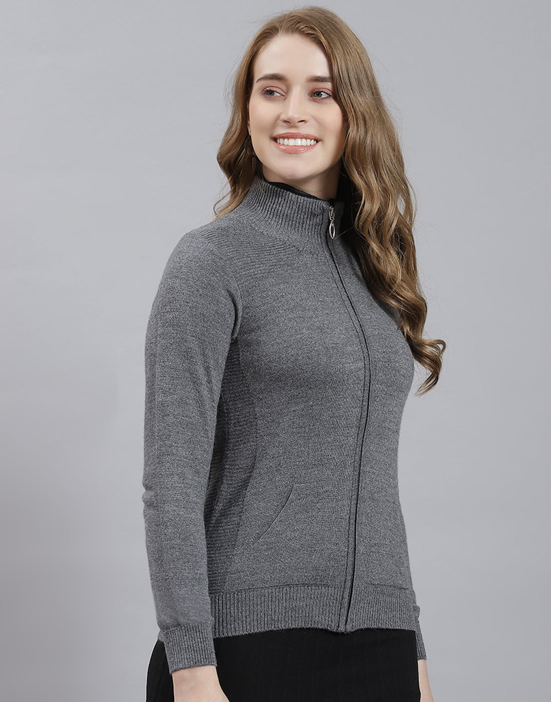 Women Grey Melange Solid Stand Collar Full Sleeve Cardigan