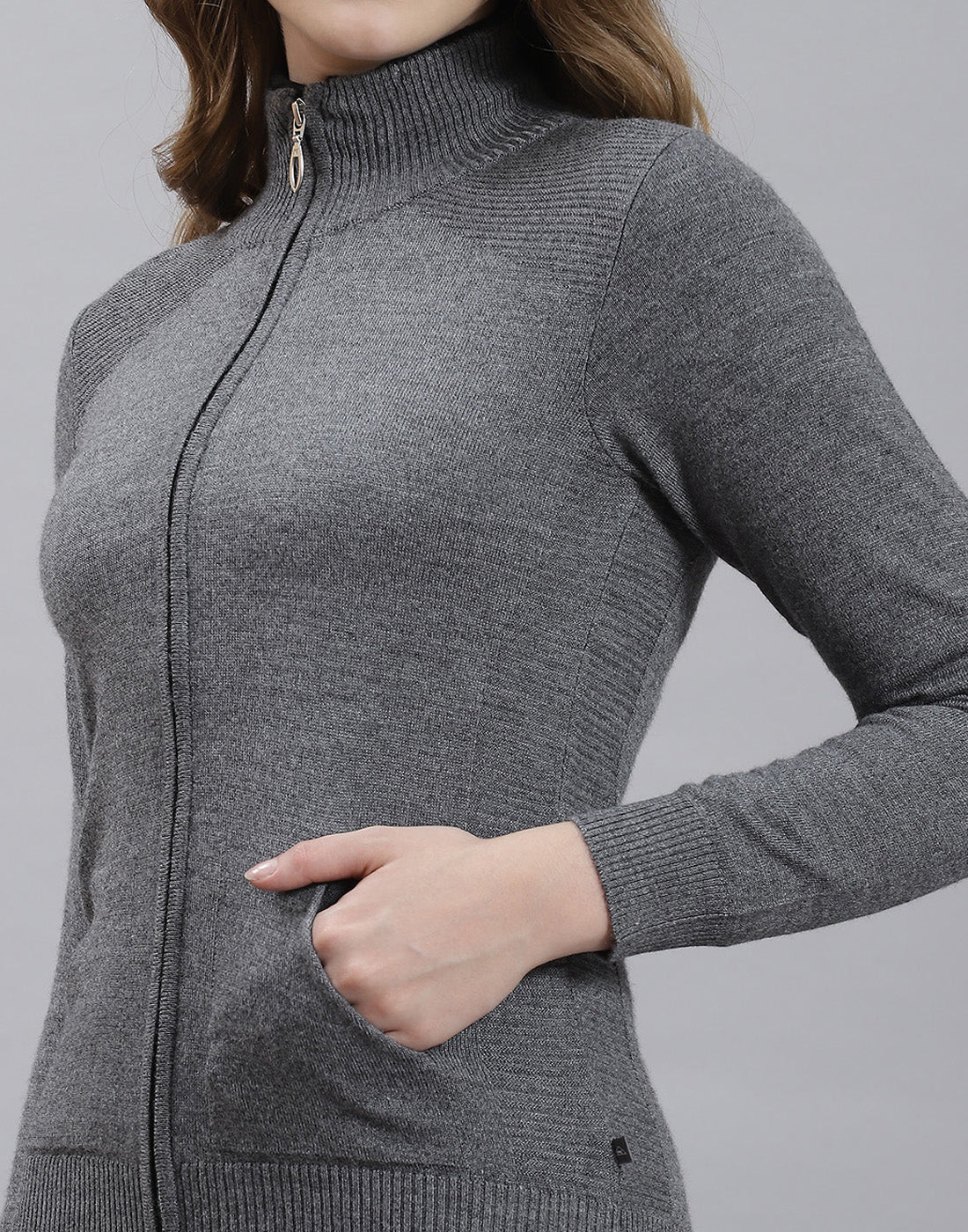 Women Grey Melange Solid Stand Collar Full Sleeve Cardigan