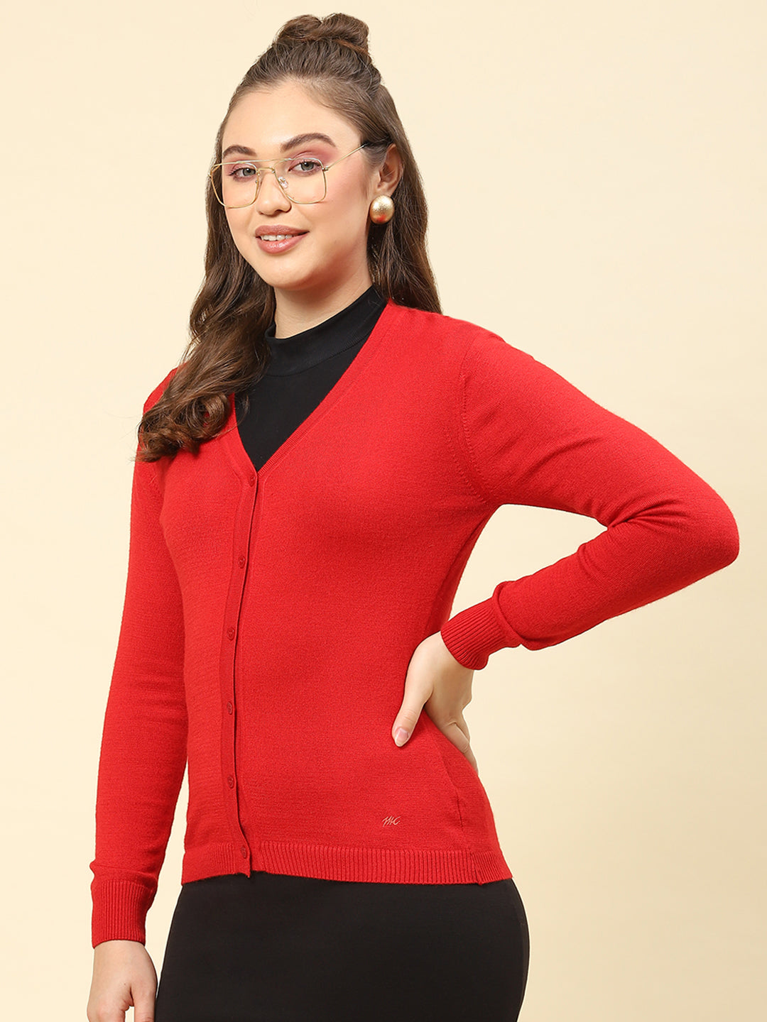Women Red Solid V Neck Full Sleeve Cardigan