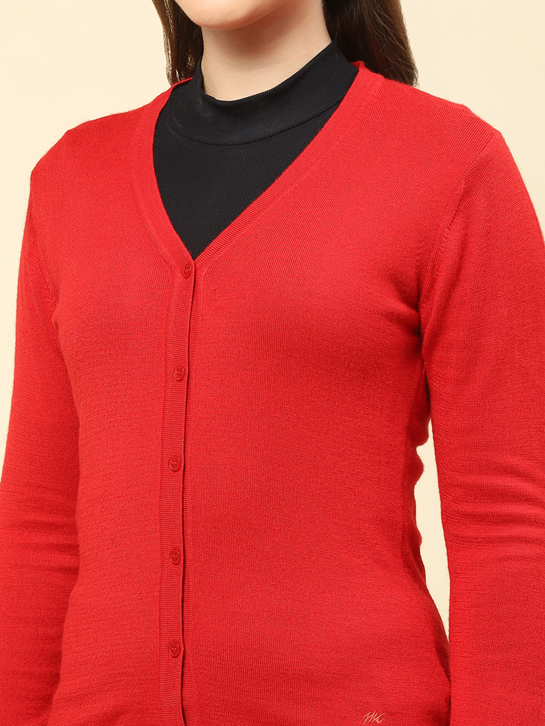 Women Red Solid V Neck Full Sleeve Cardigan
