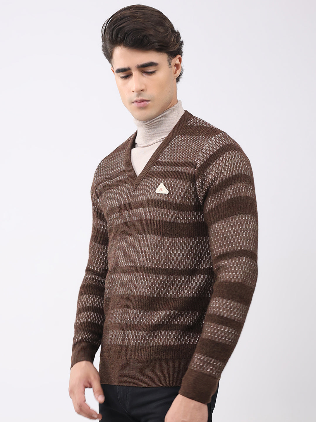 Men Brown Abstract V Neck Full Sleeve Pullover