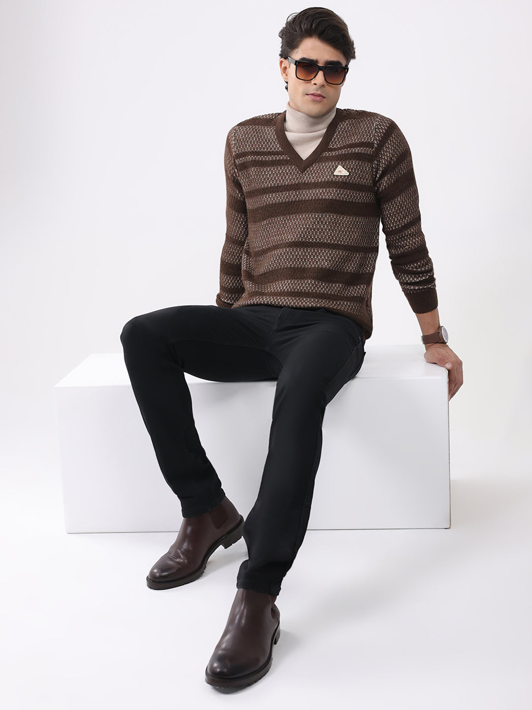 Men Brown Abstract V Neck Full Sleeve Pullover