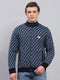 Men Blue Self Design Mock Neck Full Sleeve Jacket