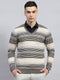 Men Beige Stripe V Neck Full Sleeve Pullover