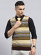Men Yellow & Brown Stripe V Neck Sleeveless Sweater