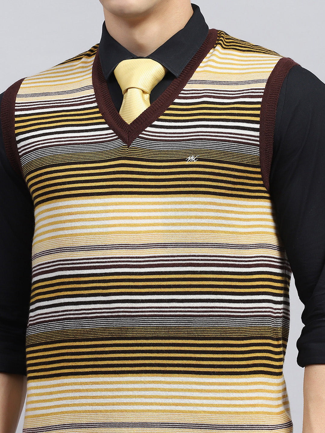 Men Yellow & Brown Stripe V Neck Sleeveless Sweater