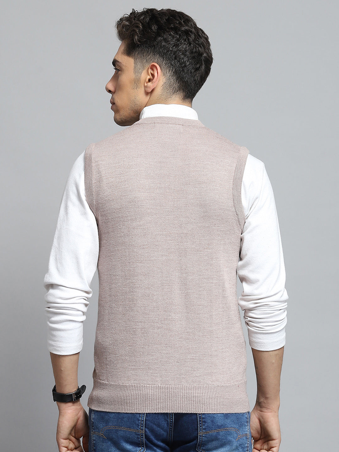Men Beige Solid V Neck Sleeveless Sweater