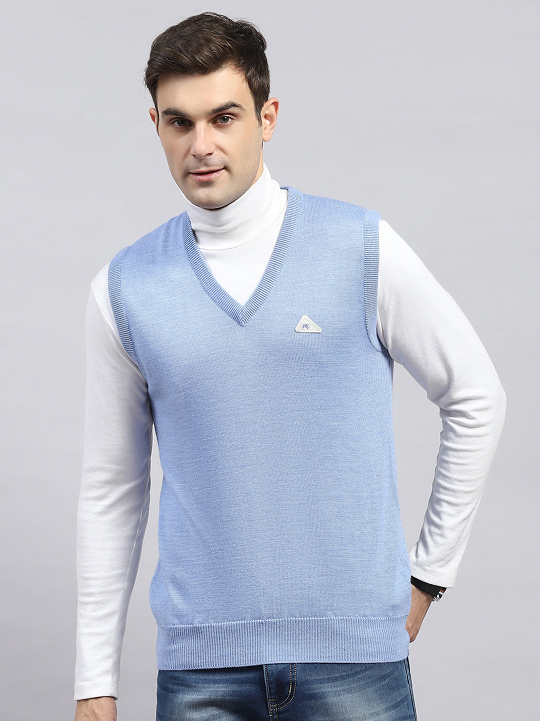 Men Sky Blue Solid V Neck Sleeveless Sweater