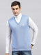 Men Sky Blue Solid V Neck Sleeveless Sweater