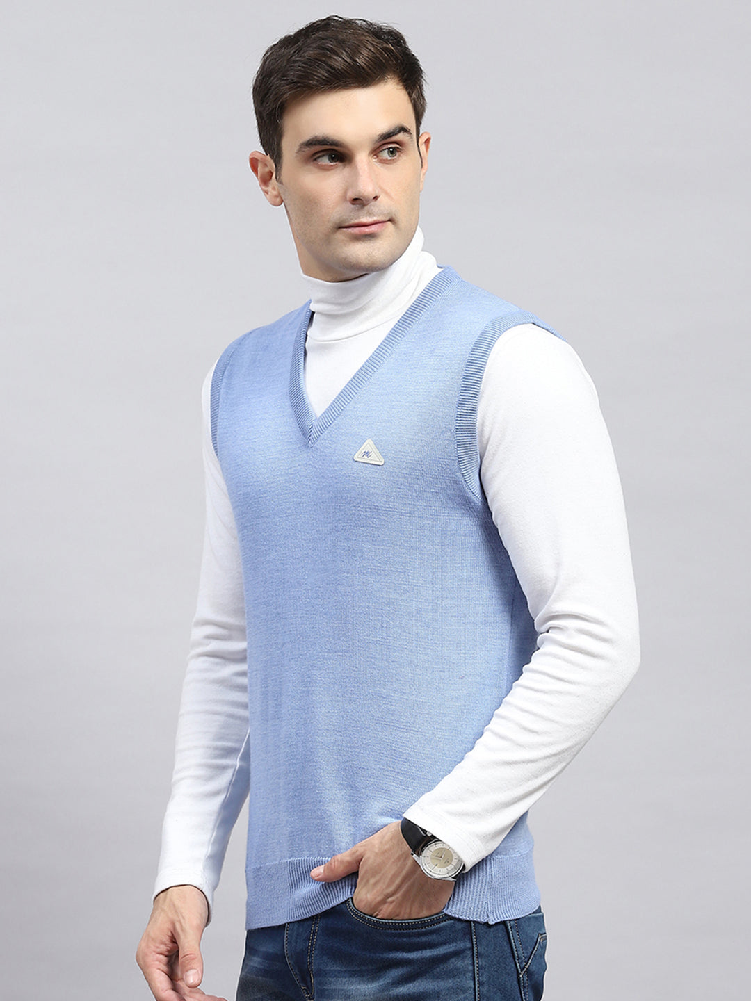 Men Sky Blue Solid V Neck Sleeveless Sweater