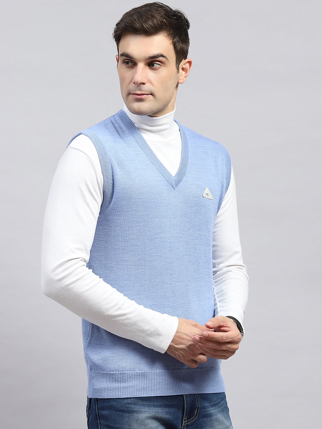 Men Sky Blue Solid V Neck Sleeveless Sweater