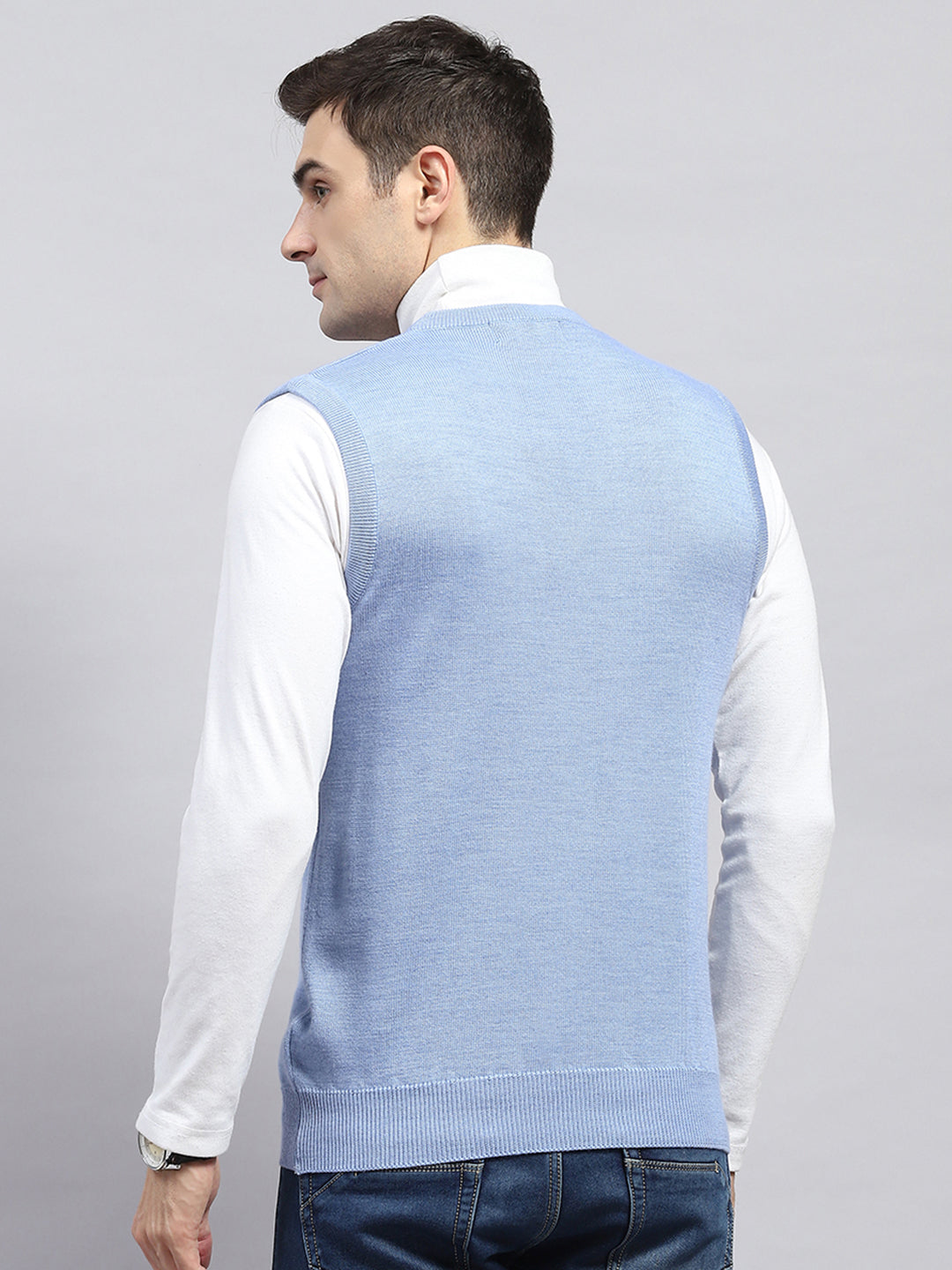 Men Sky Blue Solid V Neck Sleeveless Sweater
