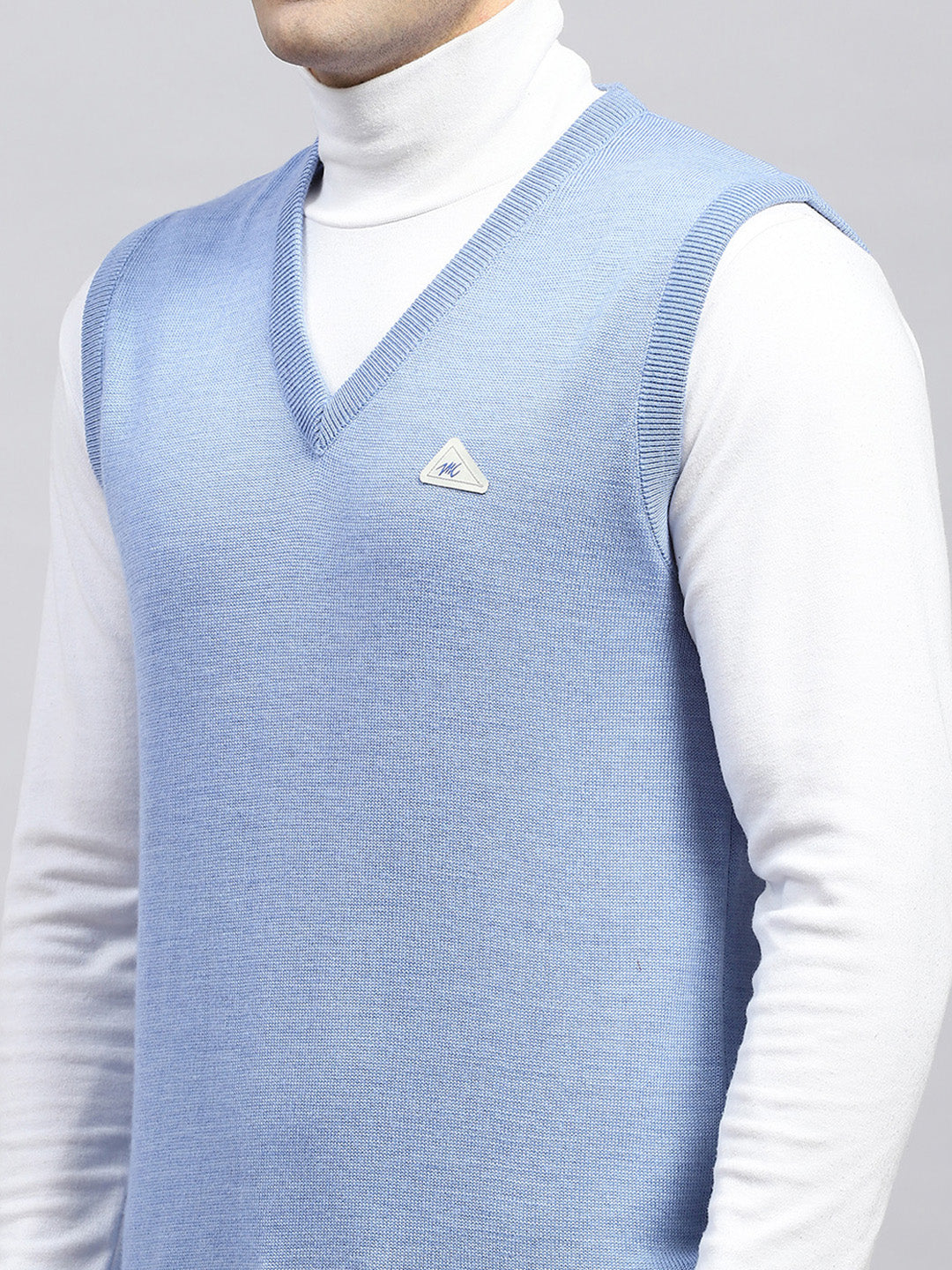 Men Sky Blue Solid V Neck Sleeveless Sweater