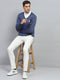 Men Blue Solid V Neck Full Sleeve Pullover
