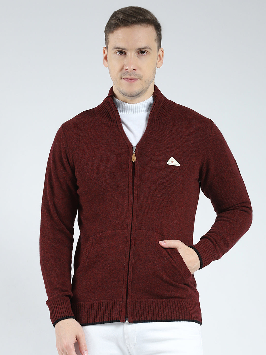 Men Maroon Solid Mock Neck Full Sleeve Pullover