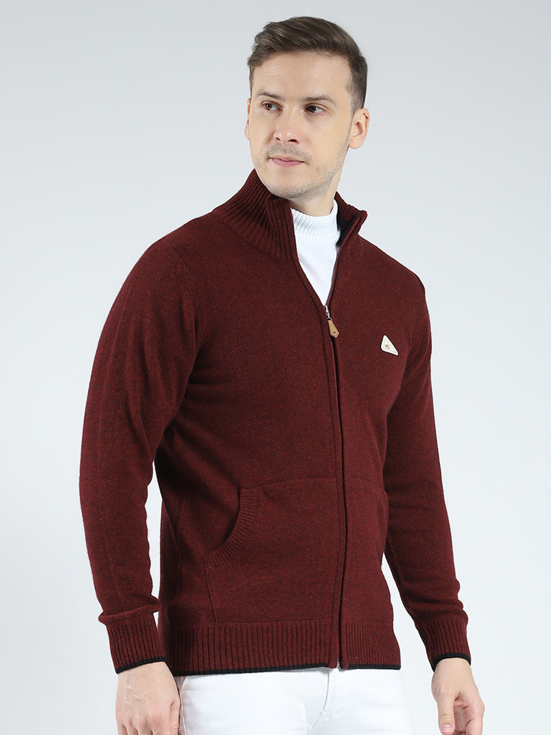 Men Maroon Solid Mock Neck Full Sleeve Pullover