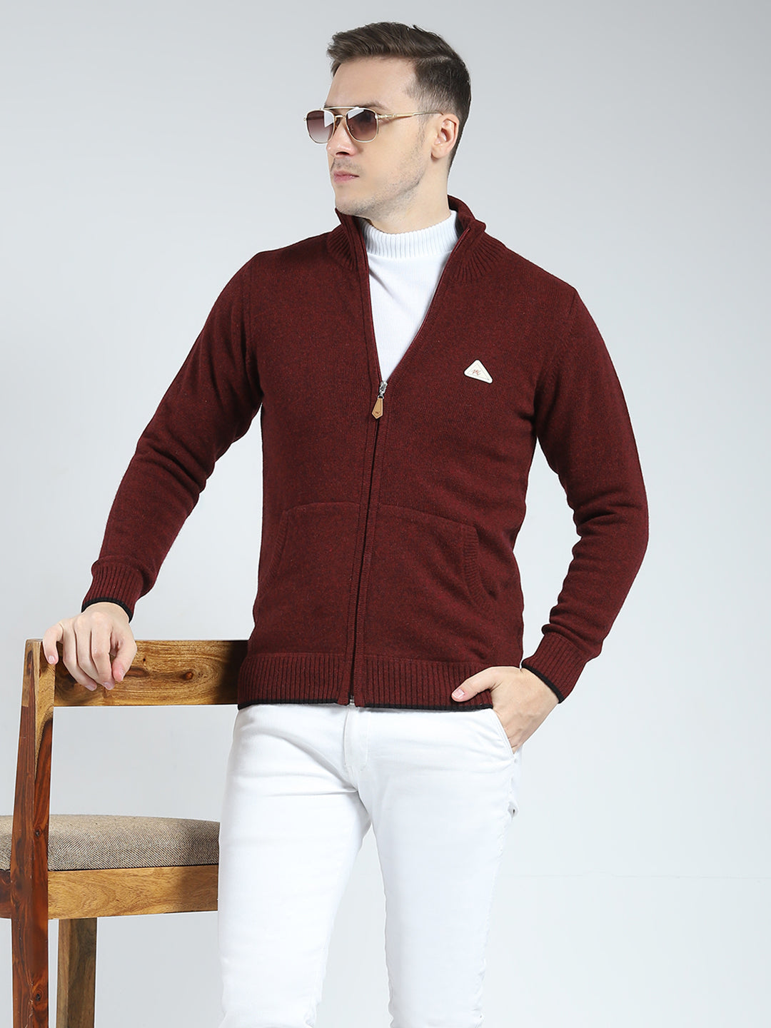Men Maroon Solid Mock Neck Full Sleeve Pullover