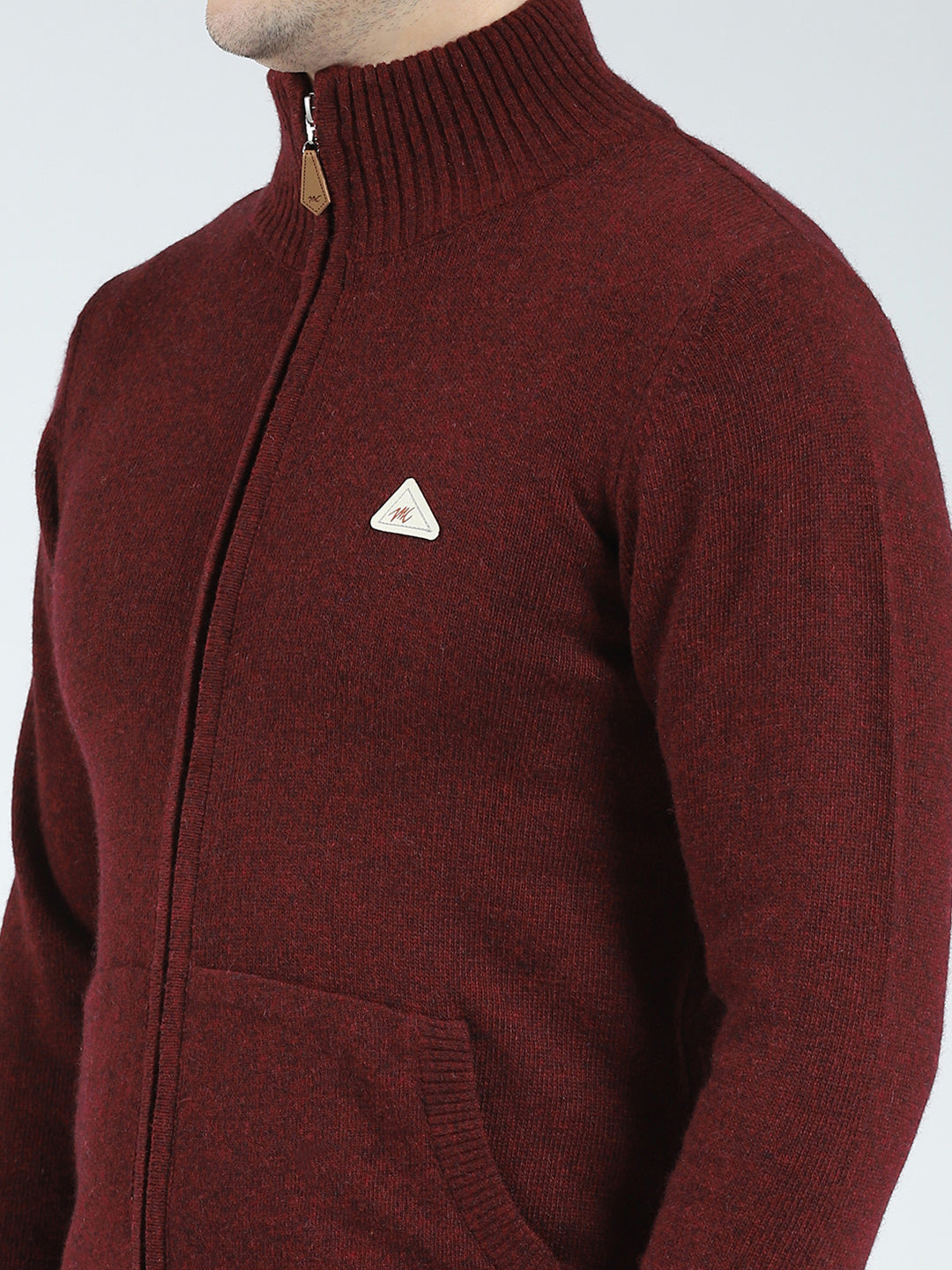 Men Maroon Solid Mock Neck Full Sleeve Pullover