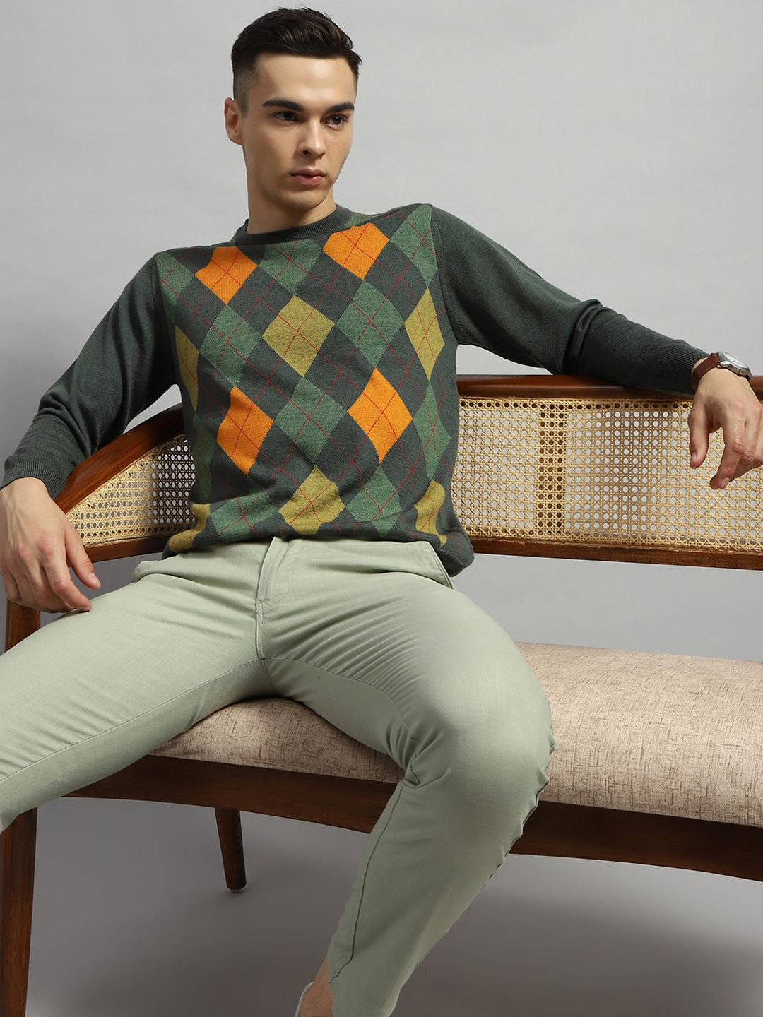 Luxuria Men Green Geometric Round Neck Full Sleeve Pullover