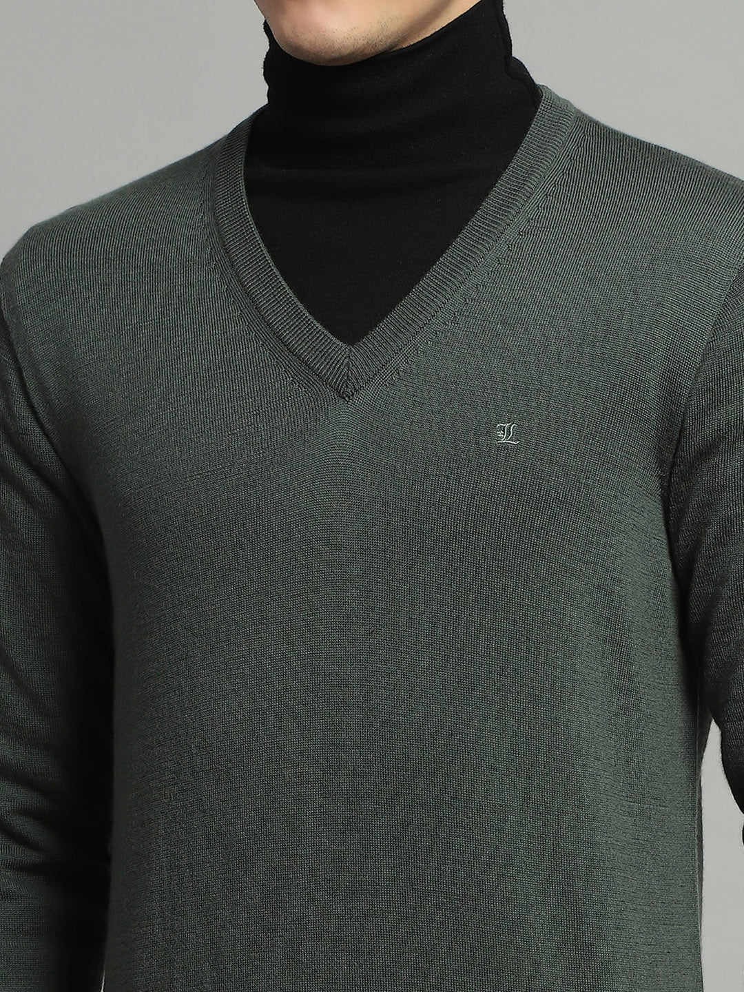 Luxuria Men Olive Solid V Neck Full Sleeve Pullover