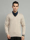 Luxuria Men Beige Solid V Neck Full Sleeve Pullover
